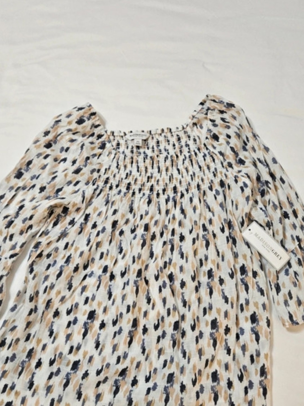 Smocked Square-Neck Tunic Top in Ivory with Navy & Tan Abstract Print